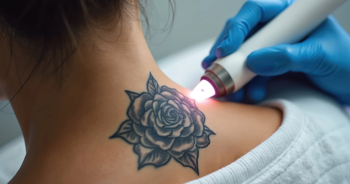 Close-up of a person's upper back_neck, where a professional in blue gloves is using a laser device for Laser Tattoo Removal in Providence, RI to remove a black rose tattoo.