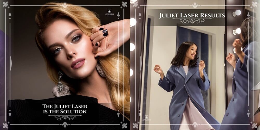 Promotional images for Juliet Laser treatment highlighting benefits and results.