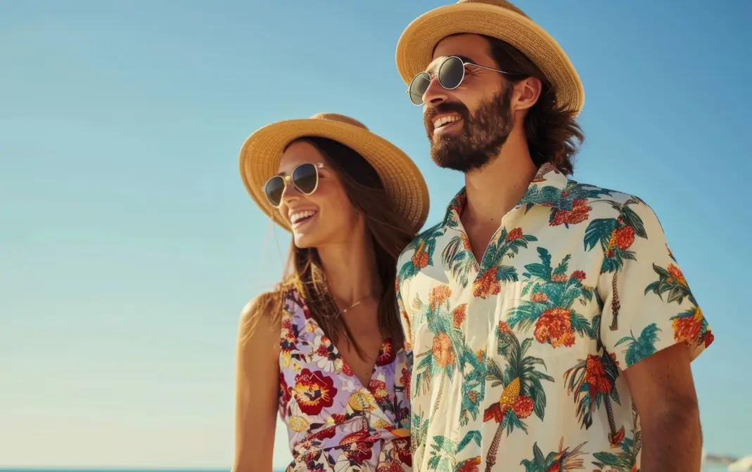 Happy couple in summer outfits enjoying a sunny day at the beach.