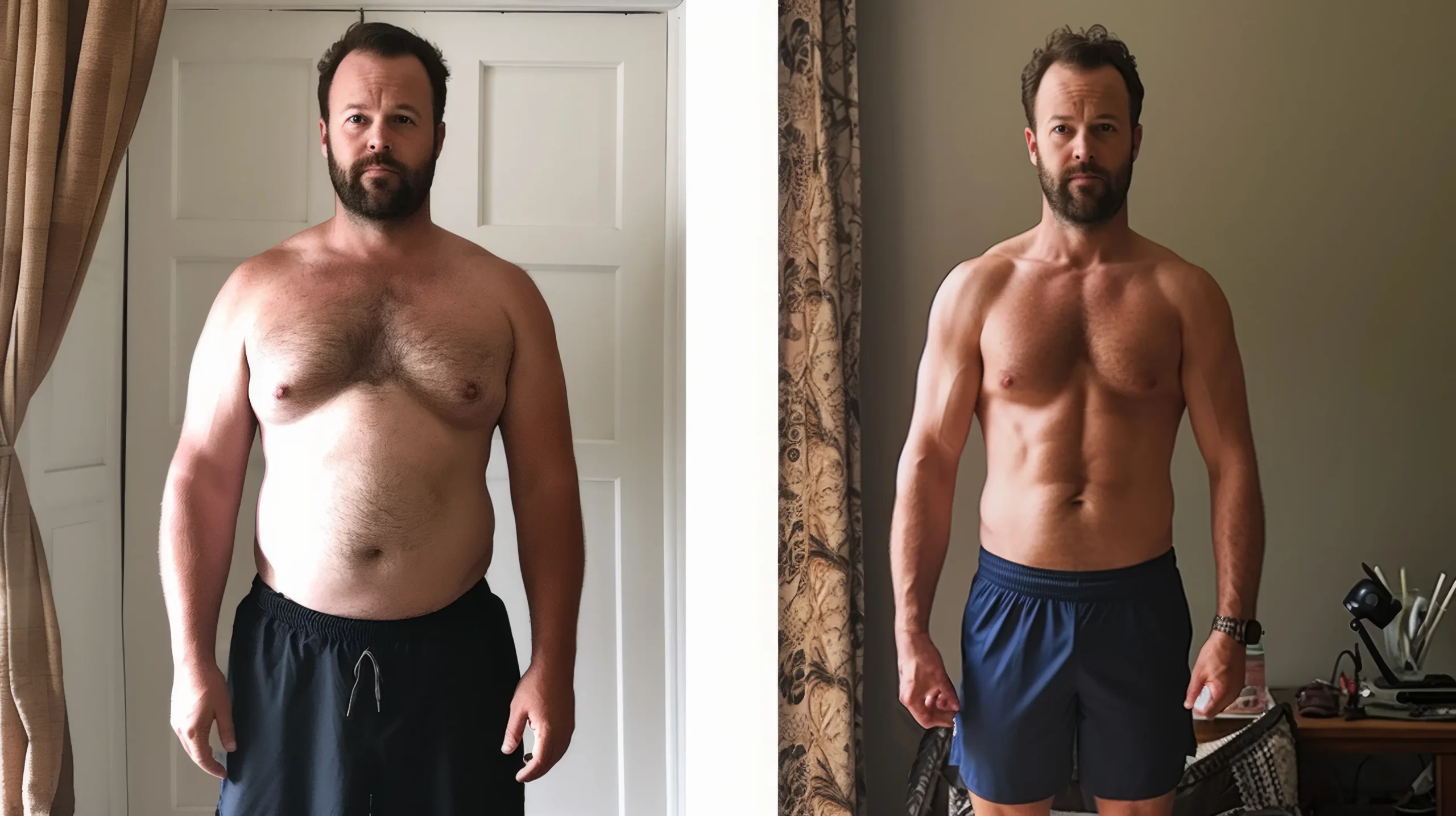 Before and after weight loss transformation, showing male body slimming progress.
