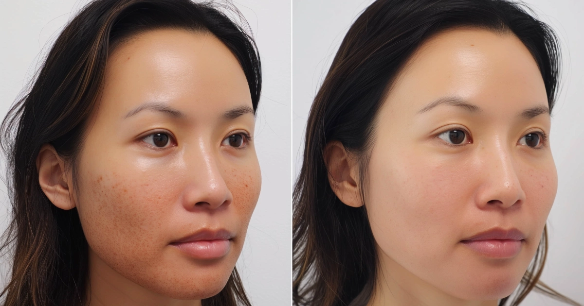 Side-by-side of a woman's face showing Pico Genesis Enlighten in Providence, RI_ before with dark spots, after with clear, bright, even skin.