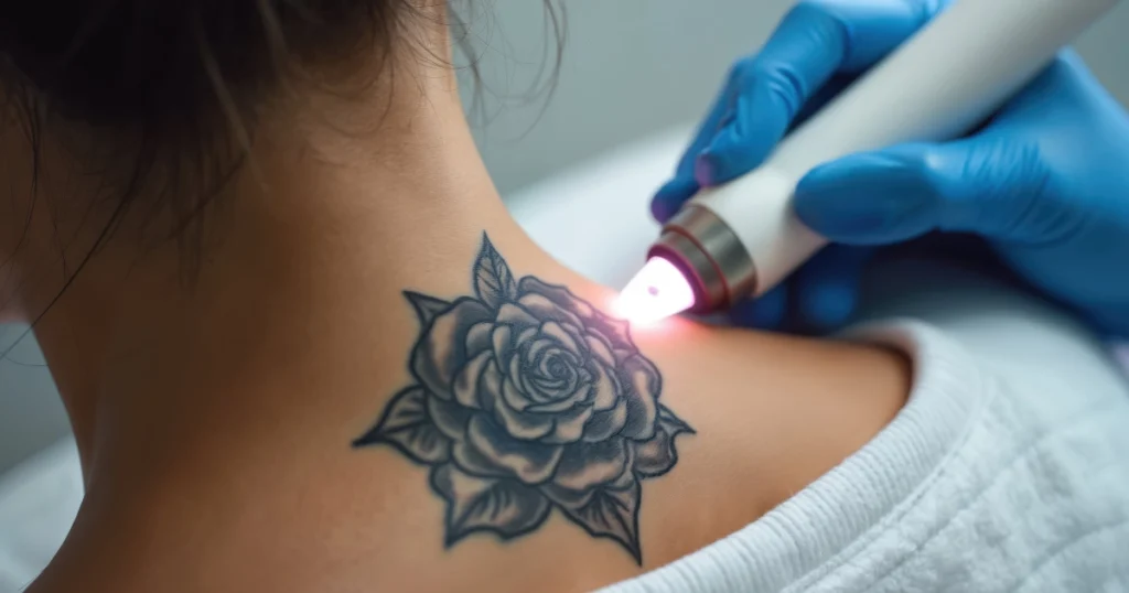 Close-up of a person's upper back_neck, where a professional in blue gloves is using a laser device for Laser Tattoo Removal in Providence, RI to remove a black rose tattoo.