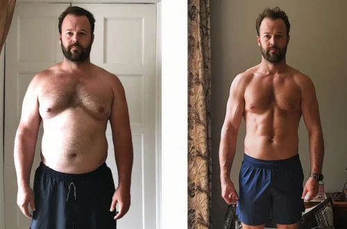 Before and after weight loss transformation, showing male body slimming progress.